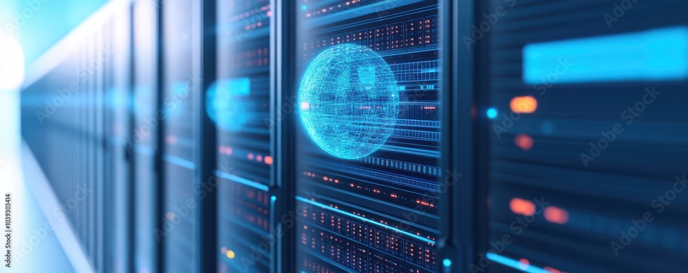 Poster a high-tech server room showcasing advanced data storage with glowing elements and digital interface