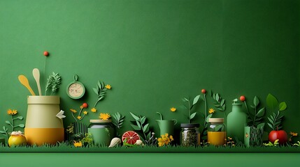 Artfully Arranged Paper Cut Herbal Tea Setup with Layered Designs of Fresh Botanical Elements for a Calming Organic Wellness Concept