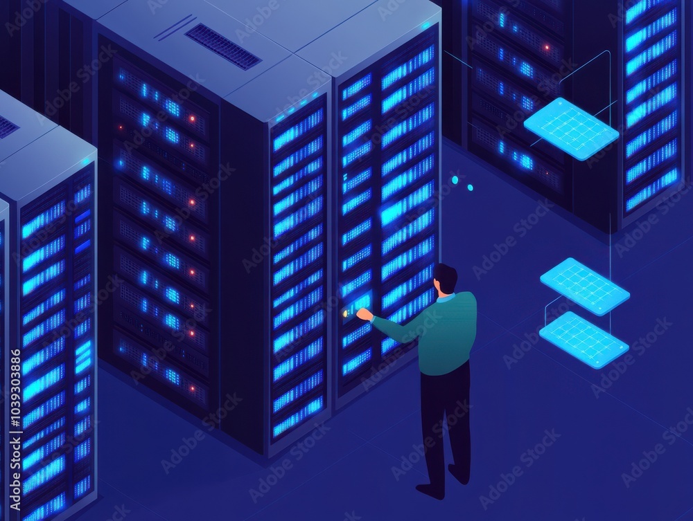 Poster a modern data center with a technician managing servers in a high-tech environment, showcasing digit