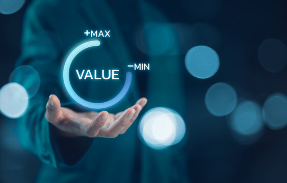 Businesswoman holding virtual download icon progress for increasing value added to business product and service concept.