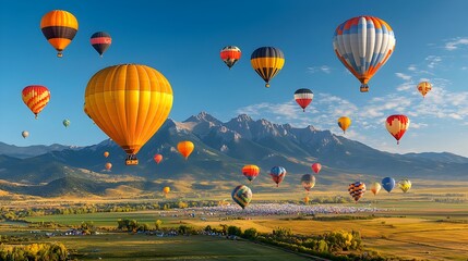 Fototapeta premium Captivating Scene of a Colorful Hot Air Balloon Festival with Numerous Vibrant Balloons Gracefully Ascending into the Clear Serene Sky Above a Scenic Landscape