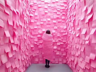 A person in a room filled with vibrant pink sticky notes, creating an immersive and creative environment.
