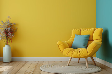 A bright yellow armchair with a blue pillow sits in the corner of a room with a yellow wall, a white vase with dried flowers, and a light wood floor.