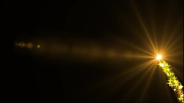 Magician's wand with golden light effects on a black background. Sparkling gold glitter wave creates a magical trail in the air, resembling fairy dust and mystery. Perfect for magic spells and illusio