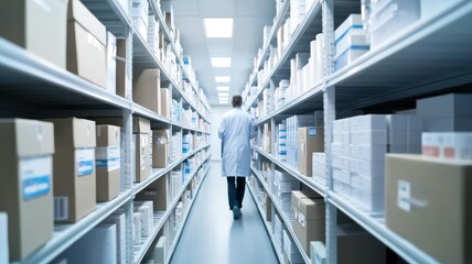 Fototapeta premium A pharmacist walking through a well-organized medical supply warehouse, surrounded by neatly arranged boxes and shelves.