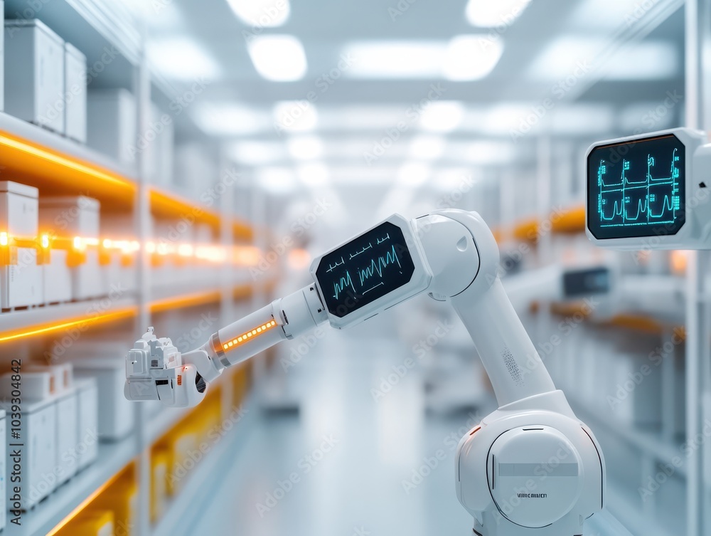 Poster a robotic arm in a modern warehouse environment handling inventory with precision and efficiency.