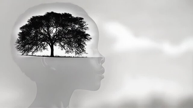 Thoughtful young Black boy with a tree silhouette in profile.