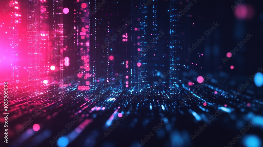 Poster abstract digital landscape with vibrant lights and data streams.