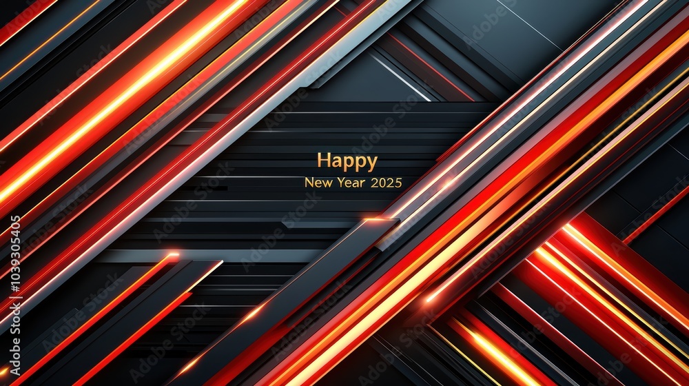 Poster A vibrant abstract design featuring diagonal lines in red and black with text wishing a 