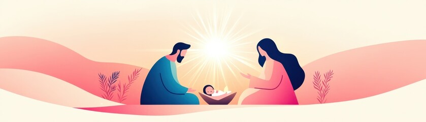 Fototapeta premium A serene moment between parents gazing at their newborn, surrounded by soft colors and gentle light.