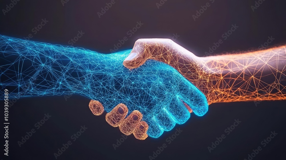 Poster digital handshake representing collaboration and connection in modern technology.