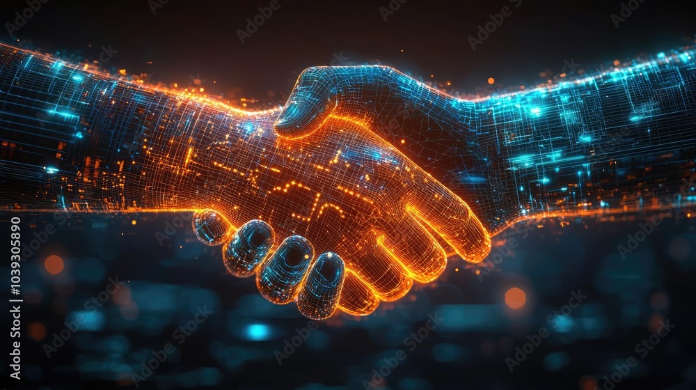 Poster digital handshake symbolizing trust and collaboration in technology.
