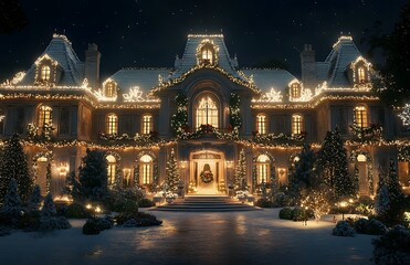 Fototapeta premium A luxurious home with outdoor Christmas lights, showcasing the grandeur of its architecture and festive decorations
