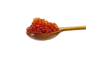 Red caviar in wooden spoon isolated on white background