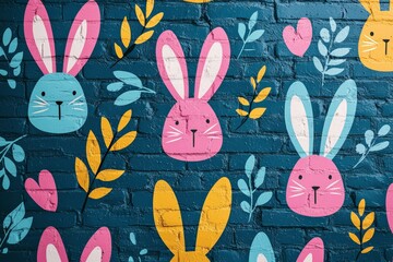 Colorful mural of bunny faces and leaves painted on a brick wall in a playful design, showcasing a lively outdoor atmosphere
