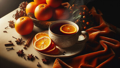 A close-up still life of a steaming cup of mulled cider and an orange on a decorative surface, surrounded by orange velvet fabric, slices, and cloves, in soft, natural lighting.