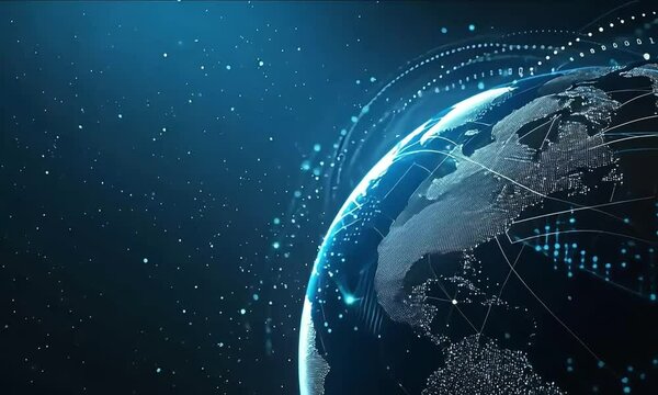 Digital globe surrounded by glowing lines and binary code in blue and white background.