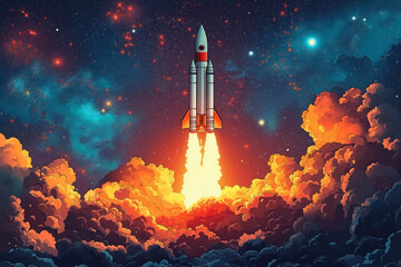 Obraz premium a rocket launch in Pop Art style, focusing on the rocket as it bursts through fiery clouds. bold and exaggerated, with sharp, comic-like lines and vibrant colors typical of Pop Art. 