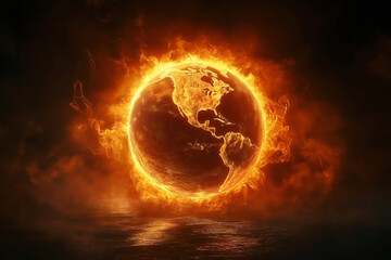 Earth engulfed in flames, symbolizing the intense effects of global warming and climate change. 