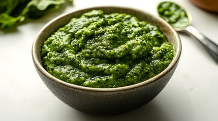 Homemade Green Pesto Sauce in Bowl