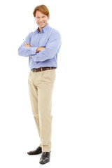 Portrait, business and man for confidence in studio with ambition, corporate career and finance accountant. Smile, person or arms crossed with investment, about us and opportunity on white background