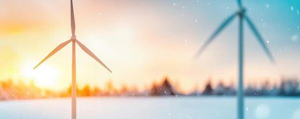 Fototapeta premium Wind turbines in a snowy landscape during sunset, showcasing renewable energy.
