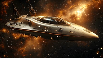 Obraz premium Sleek Futuristic Spacecraft Soaring Through Cosmic Nebula with Dramatic Lighting
