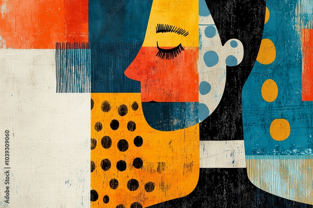 Poster artistic abstract portrait blending vibrant colors and shapes, showcasing a profile view of a man's 