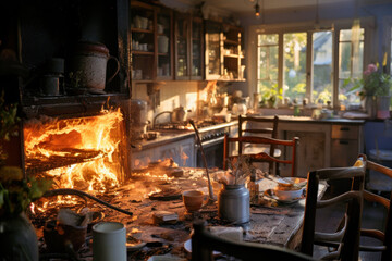 Kitchen Interior Engulfed in Flames