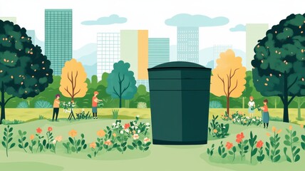 A vibrant park scene featuring people gardening and a prominent trash can, surrounded by colorful flowers and tall buildings.