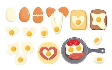 Breakfast with Eggs Vector Collection. Fried and Boiled Eggs, Sandwiches, Sausages Vector Flat Set.