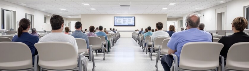 A waiting room scene with people seated, focusing on a screen displaying information. Ideal for health and office environments.