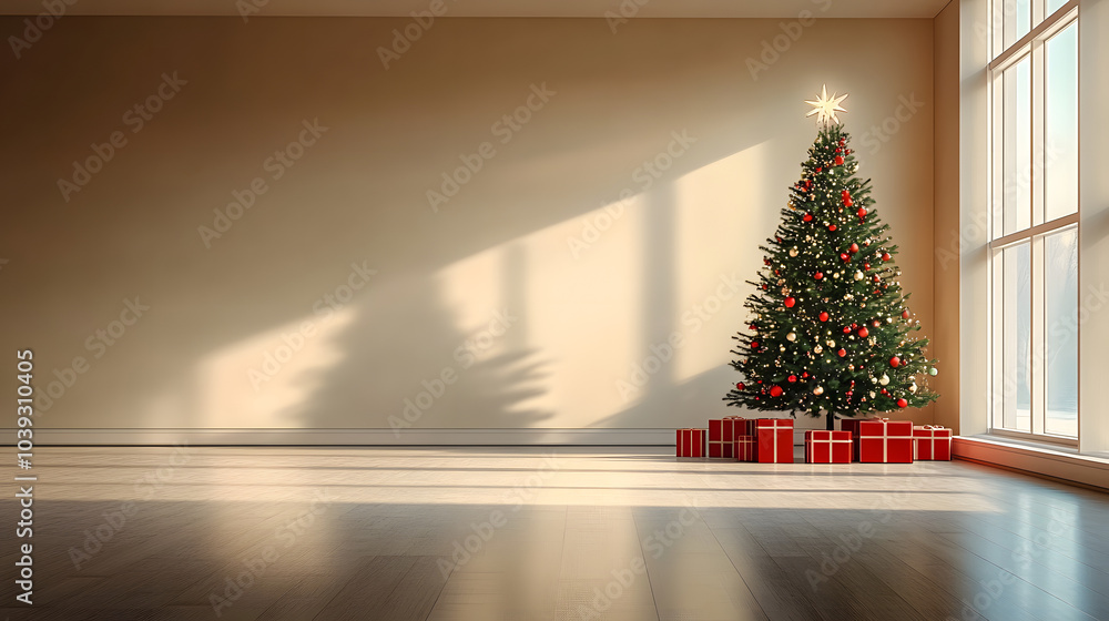 Poster a large empty room with a christmas tree in the corner. the tree is decorated with lights and orname