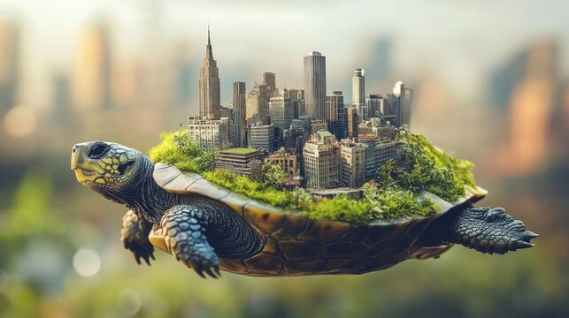 A turtle carries a miniature city on its shell, blending nature and urban life.