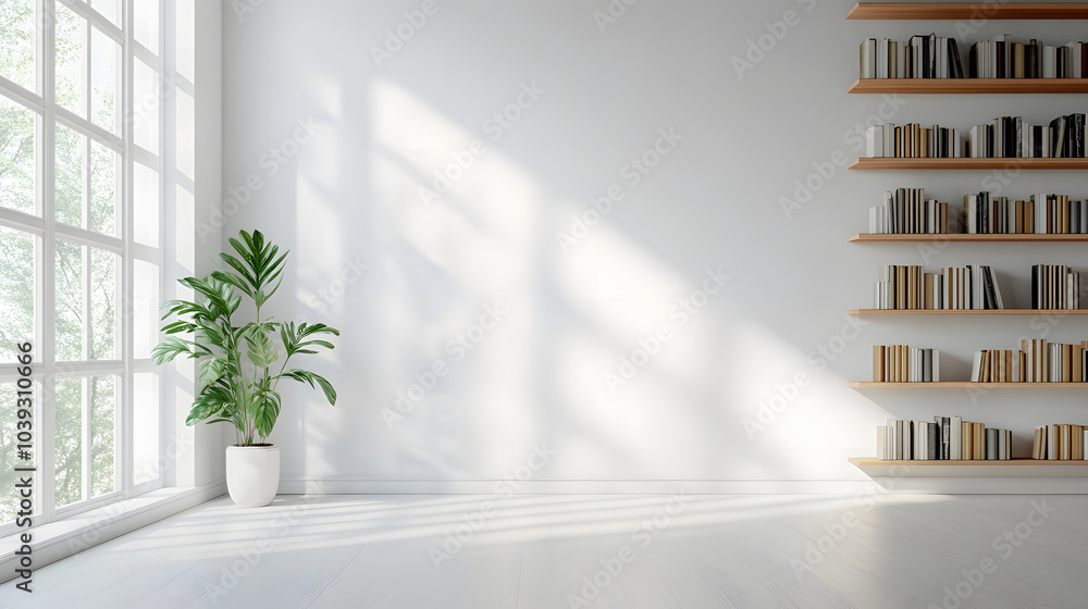 Poster a white room with a large window and a shelf with books. the room is empty and has a minimalist feel