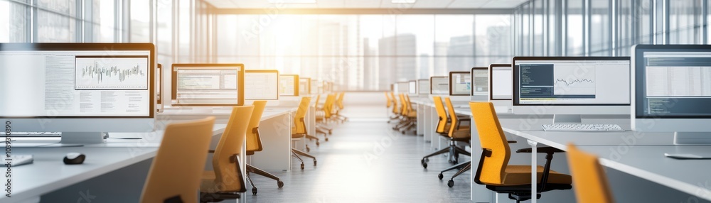 Poster bright and modern office space with multiple computers and ergonomic chairs, perfect for productive 