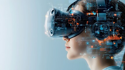 Fototapeta premium Layered depiction of a virtual reality headset with users fully immersed in an engaging and captivating digital landscape