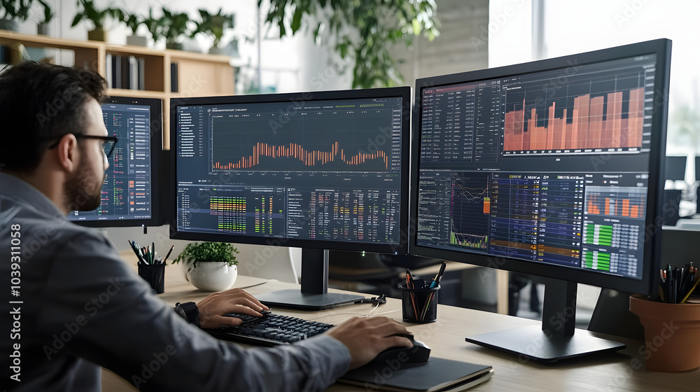 Poster a person analyzes data on multiple monitors in a modern office setting, with charts and graphs displ
