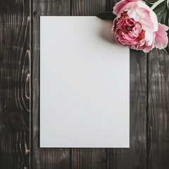 Blank Card with Peonies on Dark Wooden Background