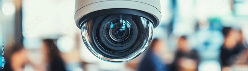 Poster close-up of a modern security camera lens in a busy environment, ensuring surveillance and safety in