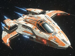 Naklejka premium Futuristic Spaceship with Powerful Energy Weapons in Cosmic Galaxy