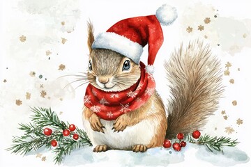 Watercolor illustration by AI of a squirrel in holiday attire.