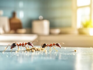 Close-up of ants foraging for food on a kitchen countertop, showcasing their teamwork and focus in a home environment.