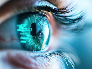 Close-up of an eye with digital elements, showcasing technology and innovation through vibrant colors and intricate details.