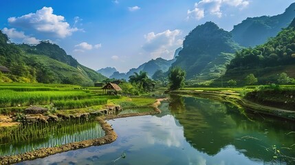Beautiful and clear natural scenery - a captivating view of nature's wonders. This idyllic scene showcases the splendor of clear skies, lush landscapes, and serene waters, inviting you to immerse your