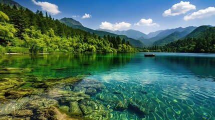 Beautiful and clear natural scenery - a captivating view of nature's wonders. This idyllic scene showcases the splendor of clear skies, lush landscapes, and serene waters, inviting you to immerse your