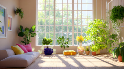 bright sunlit living room with large windows letting in natural light, filled with various plants and colorful cushions, creating warm and inviting atmosphere