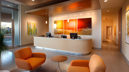 chic boutique style hospital lobby featuring stylish furniture and warm color palette. inviting atmosphere is enhanced by modern art and comfortable seating, creating welcoming space for visitors