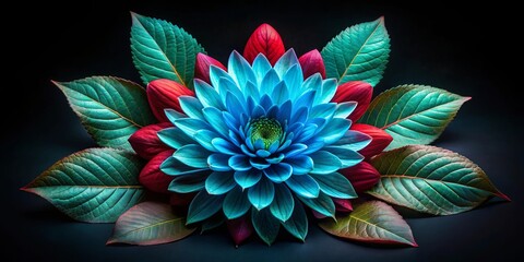 A vibrant blue blossom framed by rich red and green leaves, radiating a sense of delicate beauty and hidden energy.