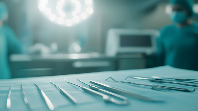 close up shot of surgical instruments neatly arranged on sterile surface, showcasing precision and readiness for medical procedure. background features blurred medical professionals in scrubs,